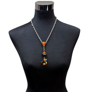 Glass Lampwork Beads Charm Pendant Necklace Halloween Silver Tone Chain 14.5 inL